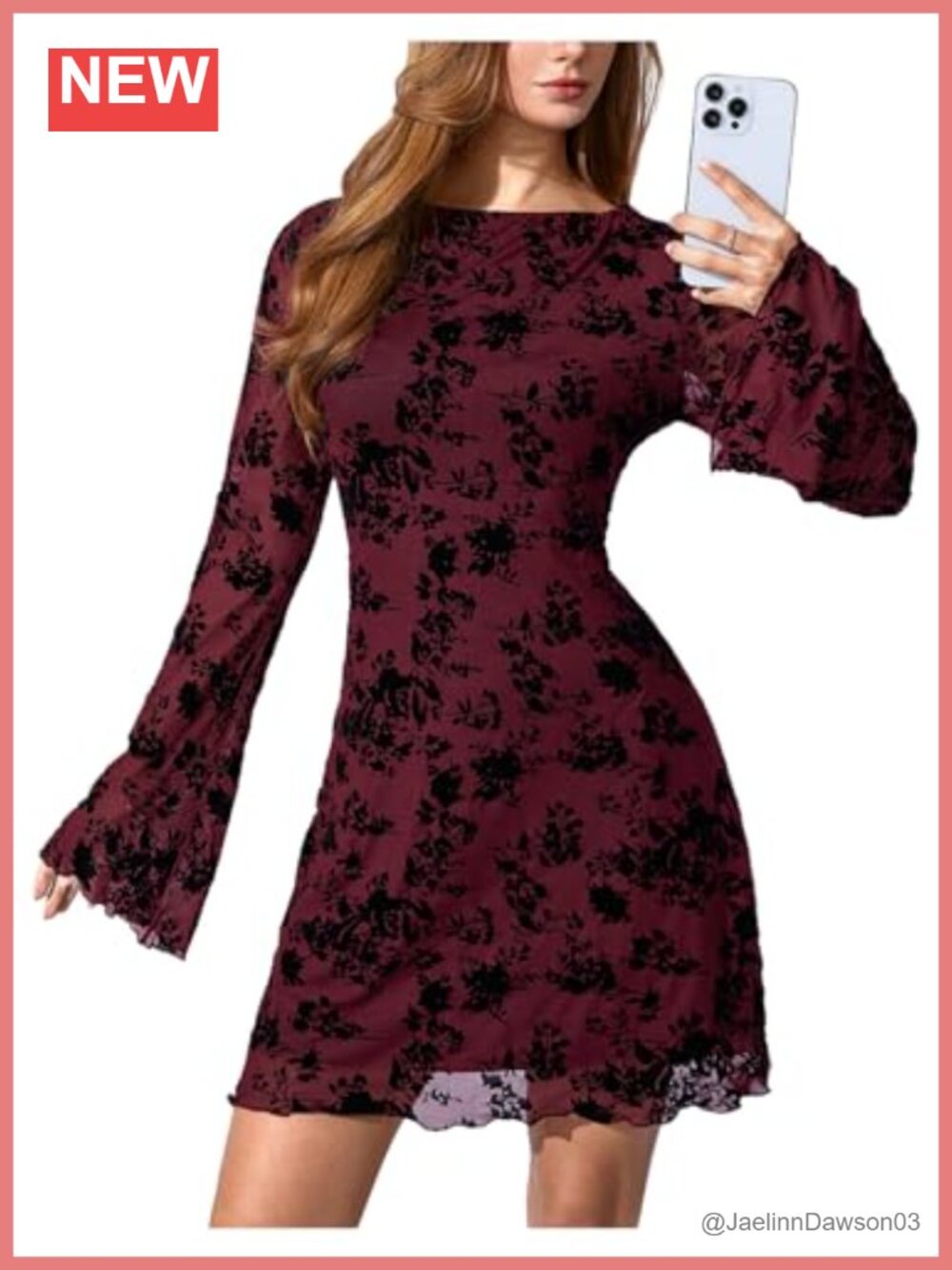 Women's Floral Mesh Mini Dress Long Bell Sleeve Bodycon Party Club